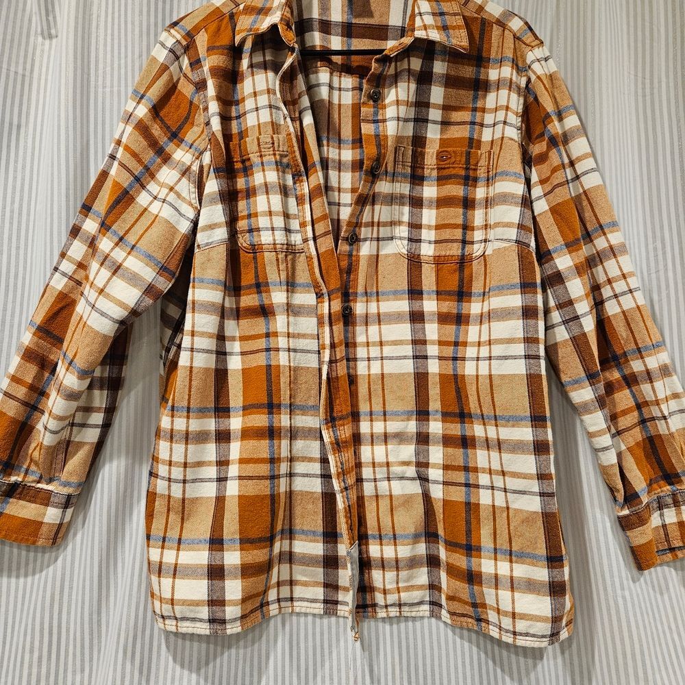 Duluth Trading Co Men's Brown Plaid Shirt Button Down Tan and White 1X